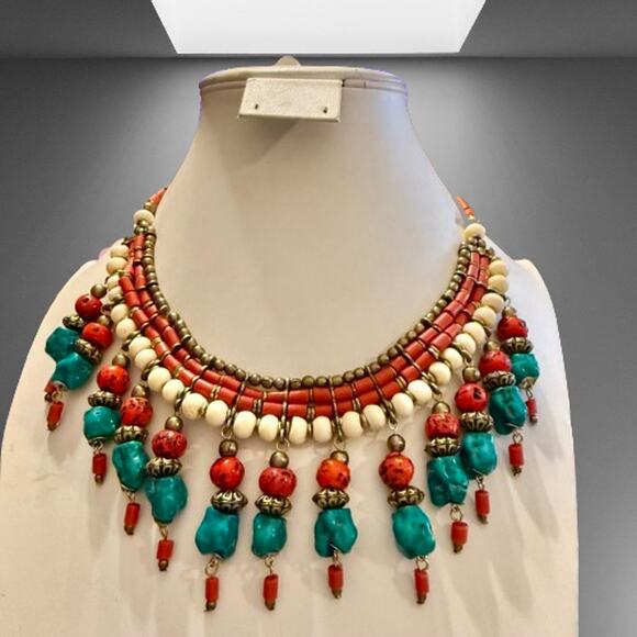 Artisan Jewelry - Tibetan Nepal Artificial Stone Multi Charm Beaded Necklace